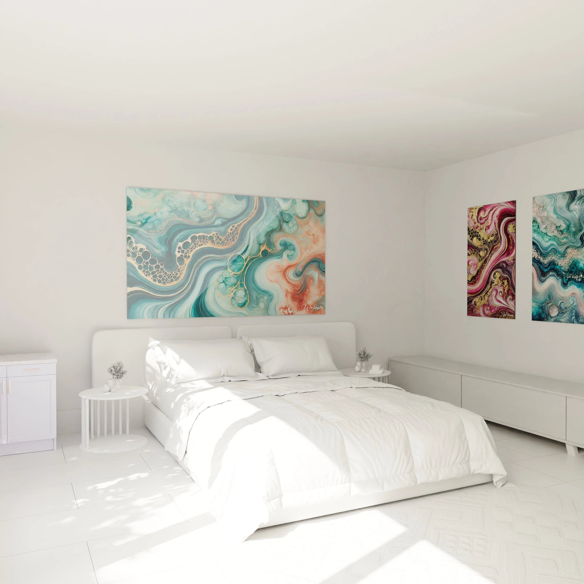 Dans une chambre apaisante, ce tableau style epoxy se déploie au-dessus du lit, illuminant la pièce avec ses teintes de bleu, corail et or, créant une atmosphère sereine et élégante.


