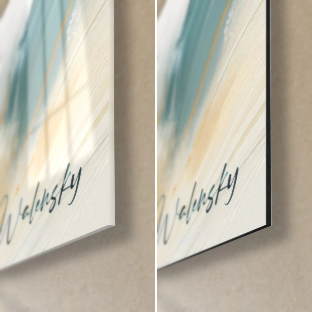 Abstract golden tide wall art, bottom right corner: glossy glass with reflections and matte black Dibond aluminium, 3 mm edge visible