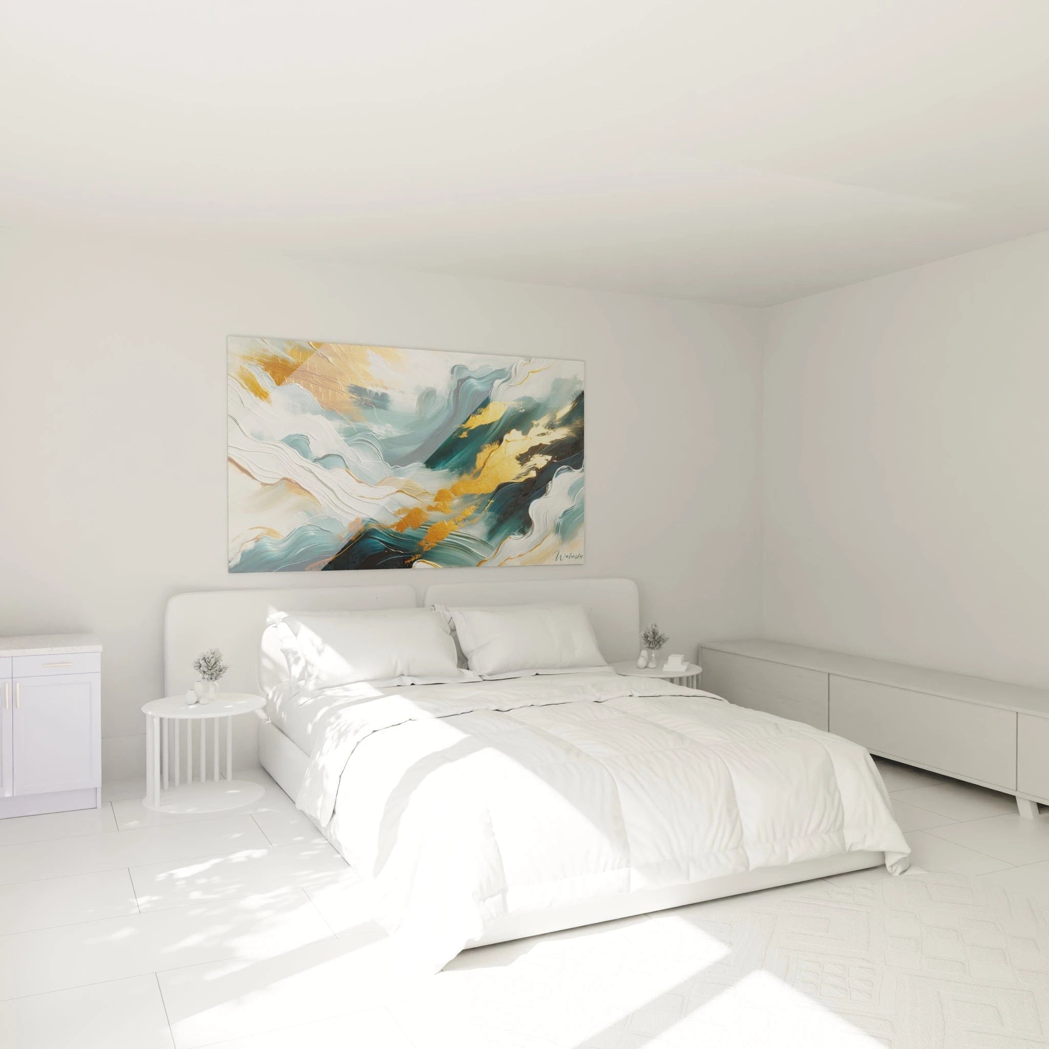 Un tableau abstrait de courants marins entrelacés. La palette associe turquoise profond, blanc ivoire, or brillant et bleu canard. Les textures combinent épaisses couches de peinture appliquées à la spatule formant des crêtes et vallées texturées, avec des lignes dorées métalliques qui serpentent entre les masses blanches et vertes.
