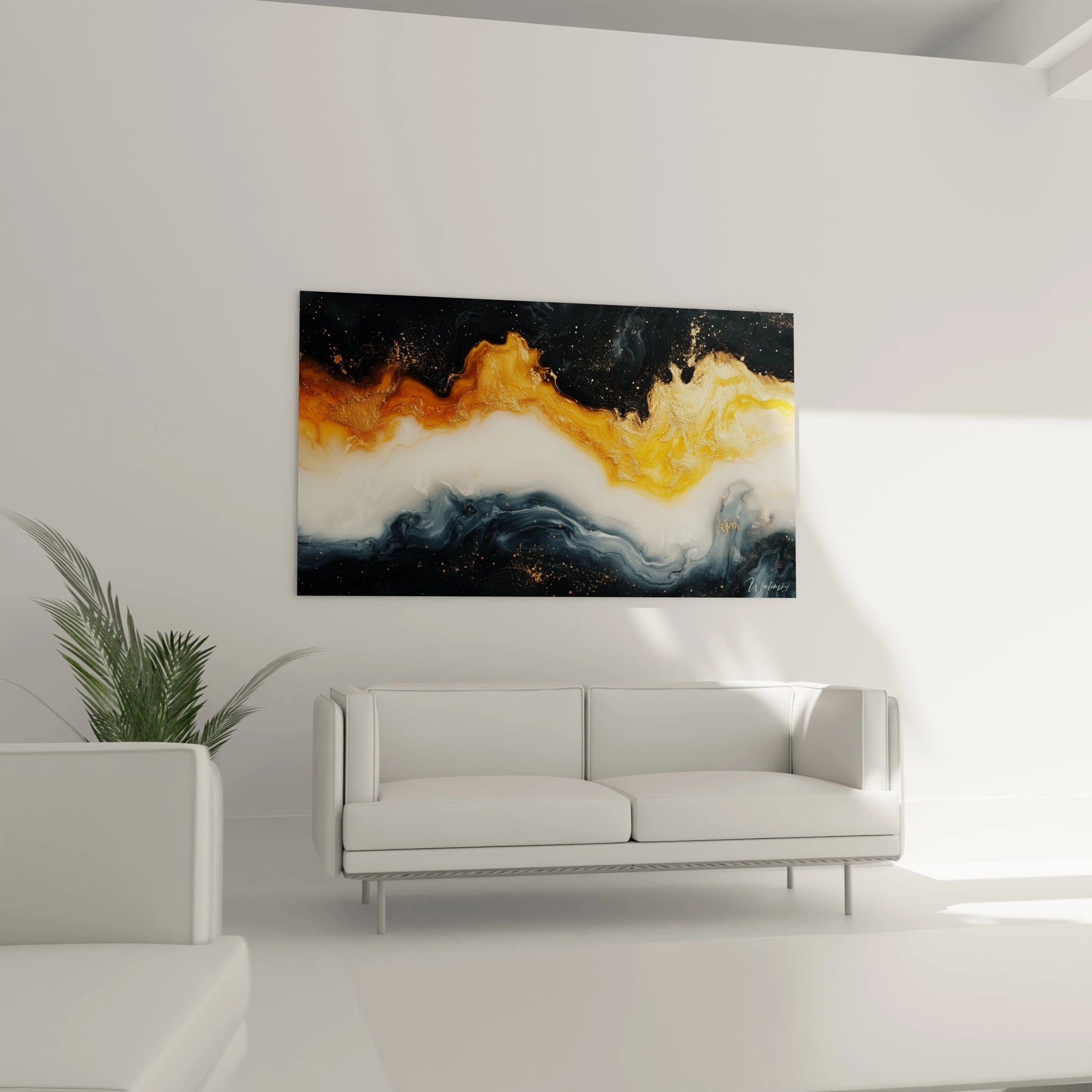 Tableau peinture abstrait de Walensky avec des nuances de noir, orange et blanc dans un décor moderne