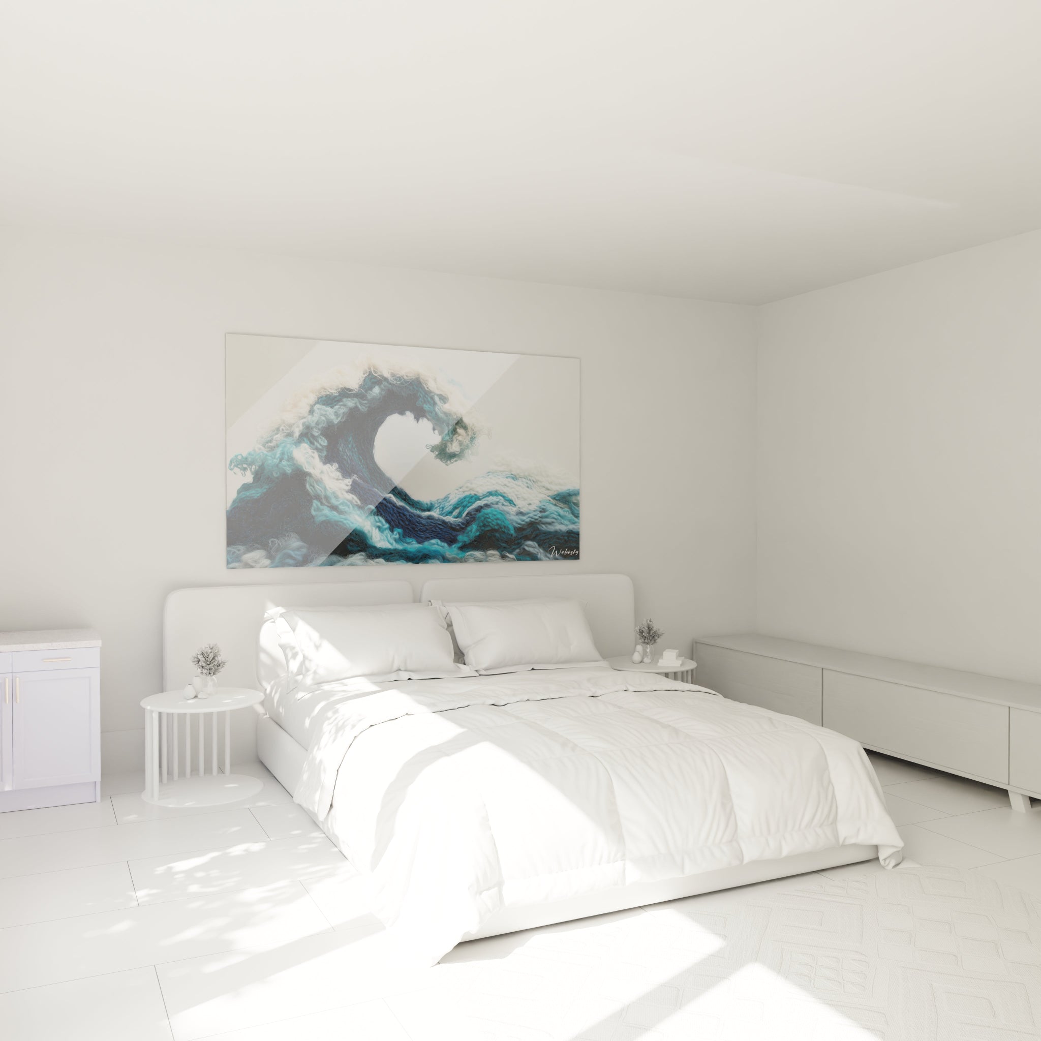 Un tableau vague textile capturant le mouvement puissant de l'eau en plein élan, utilisant la technique du crochet pour former des reliefs prononcés. Les dégradés de bleus marins et turquoise contrastent avec l'écume blanche bouclée au sommet.
