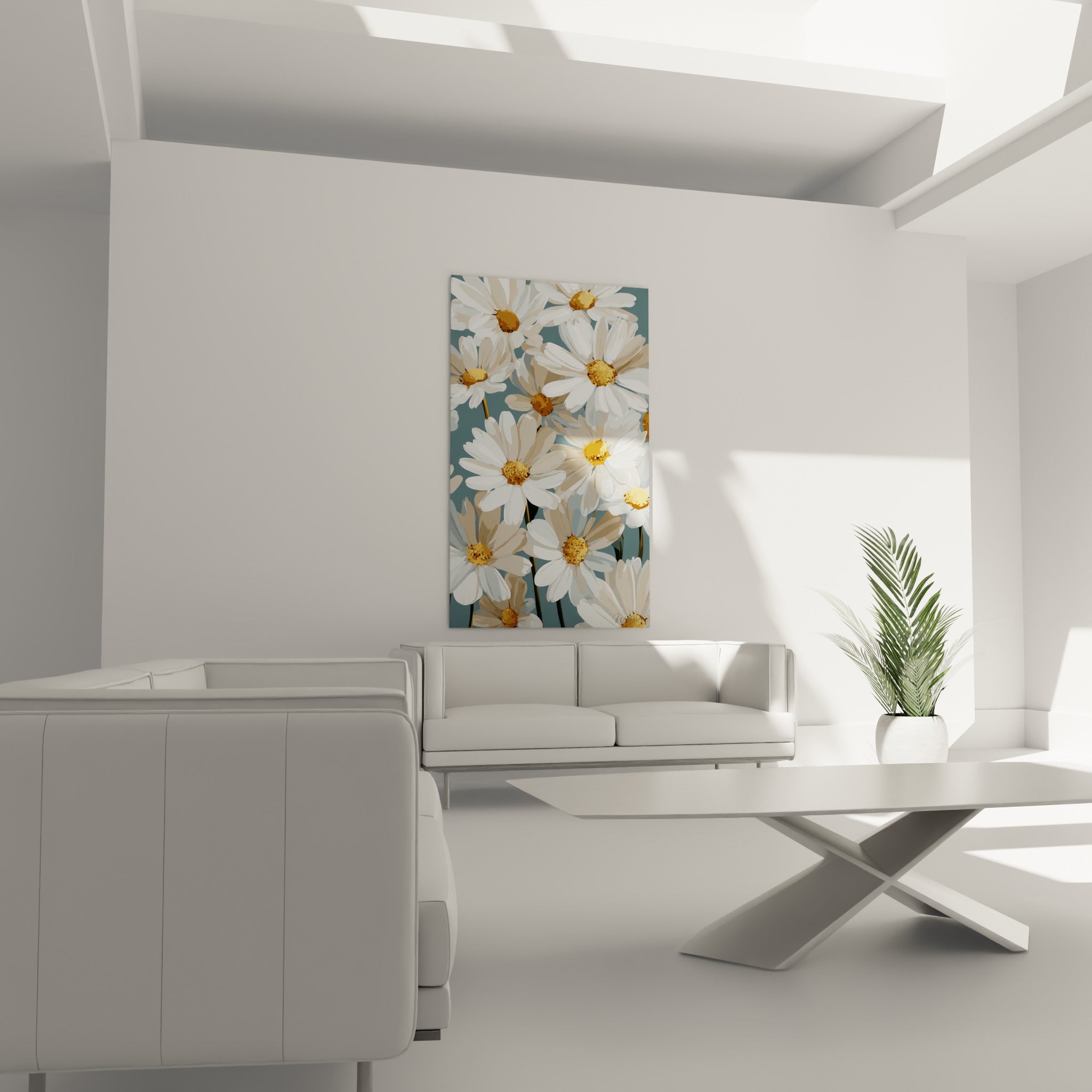 Bouquet de marguerites beiges et dorées sur fond sarcelle, placé au-dessus d'un canapé dans un salon lumineux