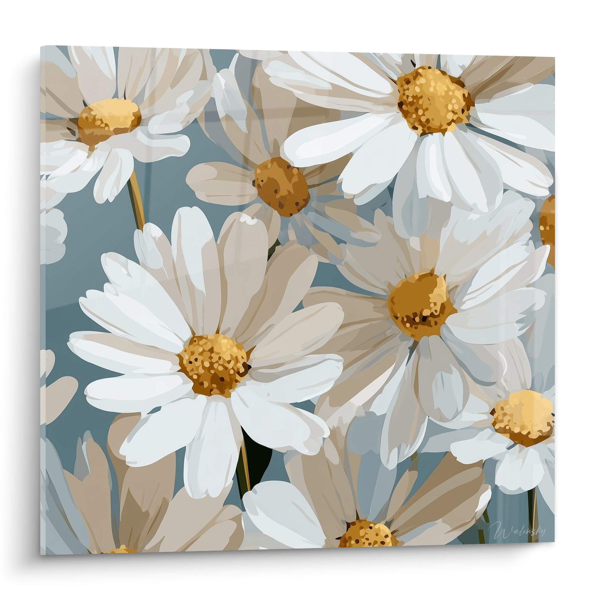 Marguerites blanches aux cœurs dorés sur fond bleu gris, pétales déclinés en beige et blanc pur