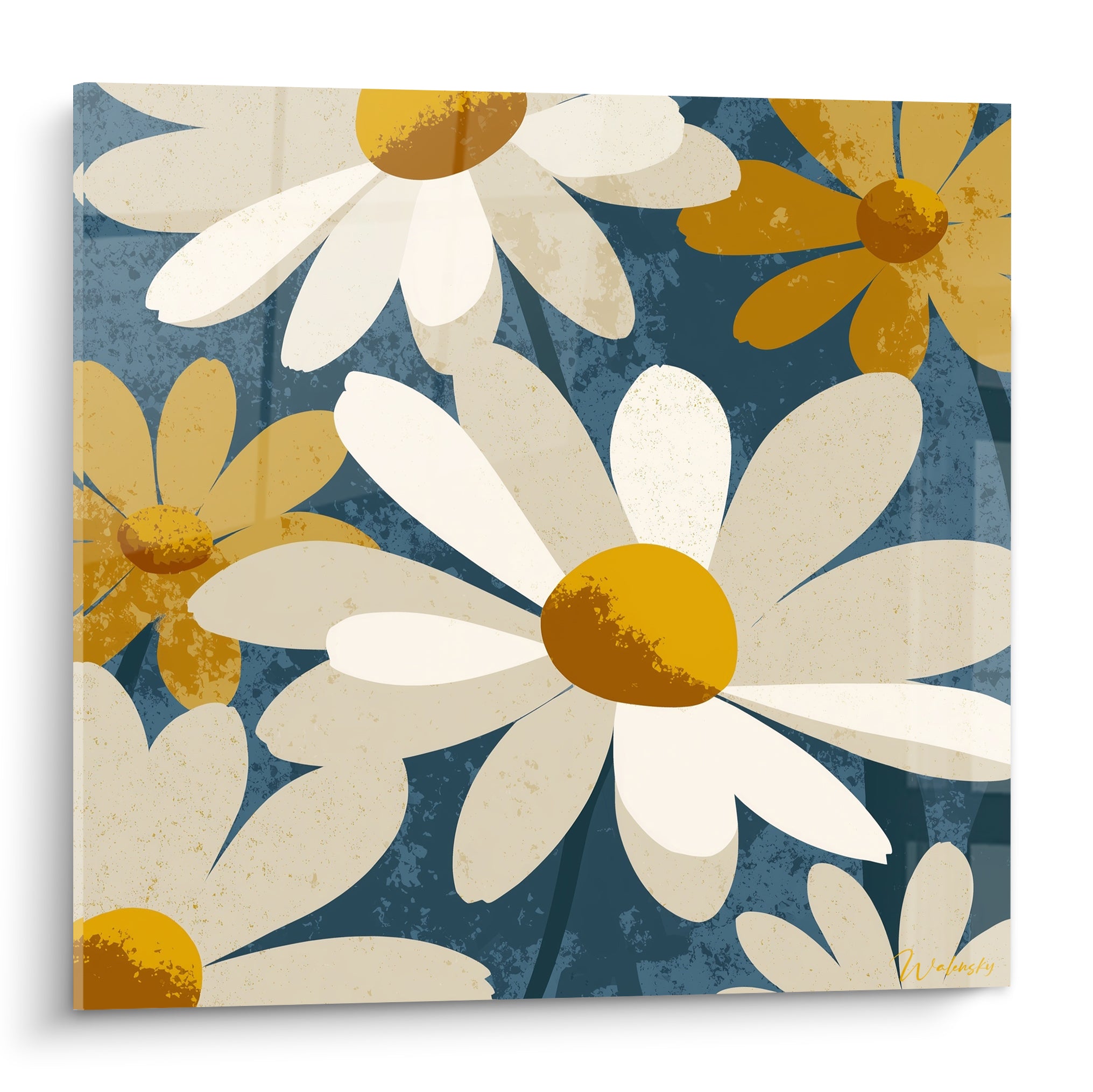 Marguerites blanches aux cœurs ocre déployées sur un fond bleu pétrole texturé