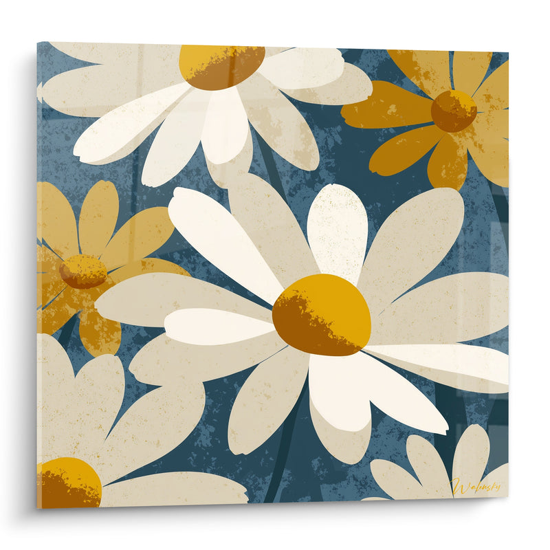 Tableau Marguerites blanches et jaunes sur fond bleu ardoise - Pétales entièrement dorés - Edition Marguerite