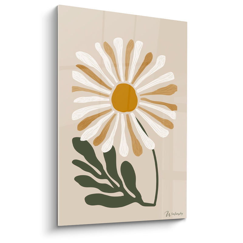 Tableau Marguerite blanche et ocre à tige courbée - Fleur unique inclinée - Edition Marguerite