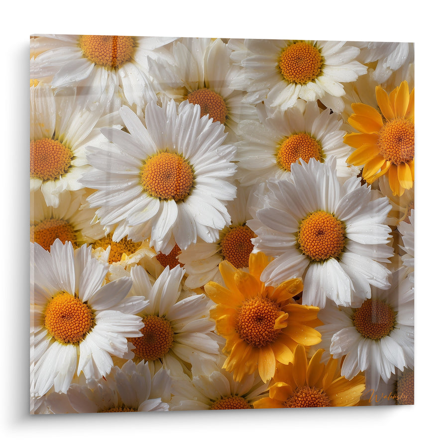Tableau Marguerites blanches et orange aux gouttes de rosée - Pétales gorgés d'eau - Edition Marguerite