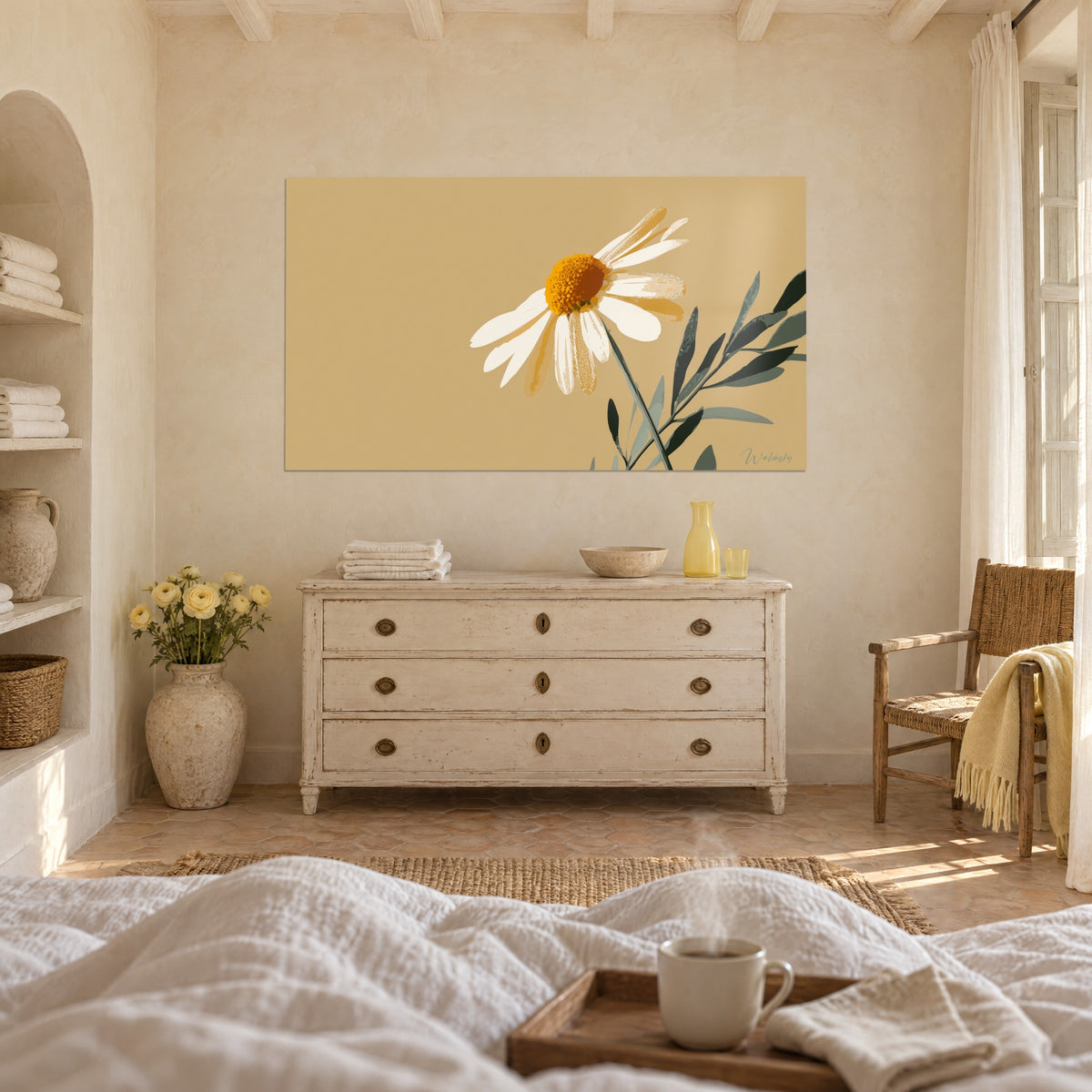 Quadro camomilla crema con cuore zafferano, foglie d'olivo scure su fondo miele, sopra un letto in una camera luminosa