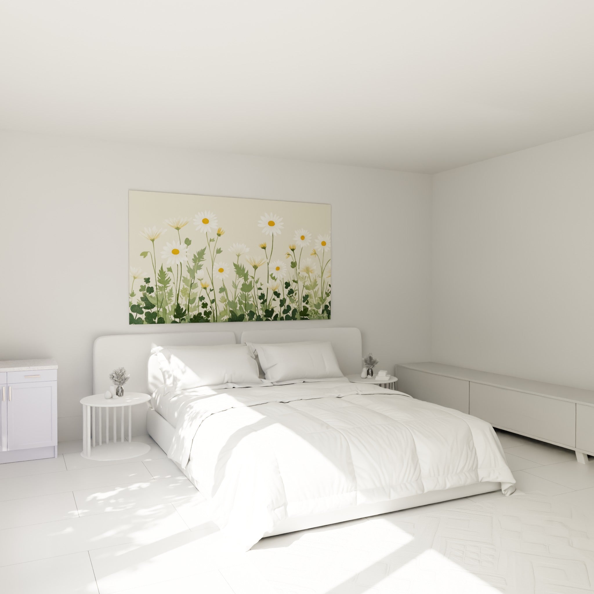 Marguerites blanches et feuillage vert accrochées au-dessus d'un lit dans une chambre claire