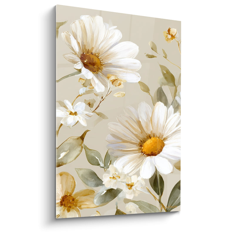 Tableau Marguerites blanches et beige aux petites fleurs jaunes voisines - Feuillage vert olive - Edition Marguerite
