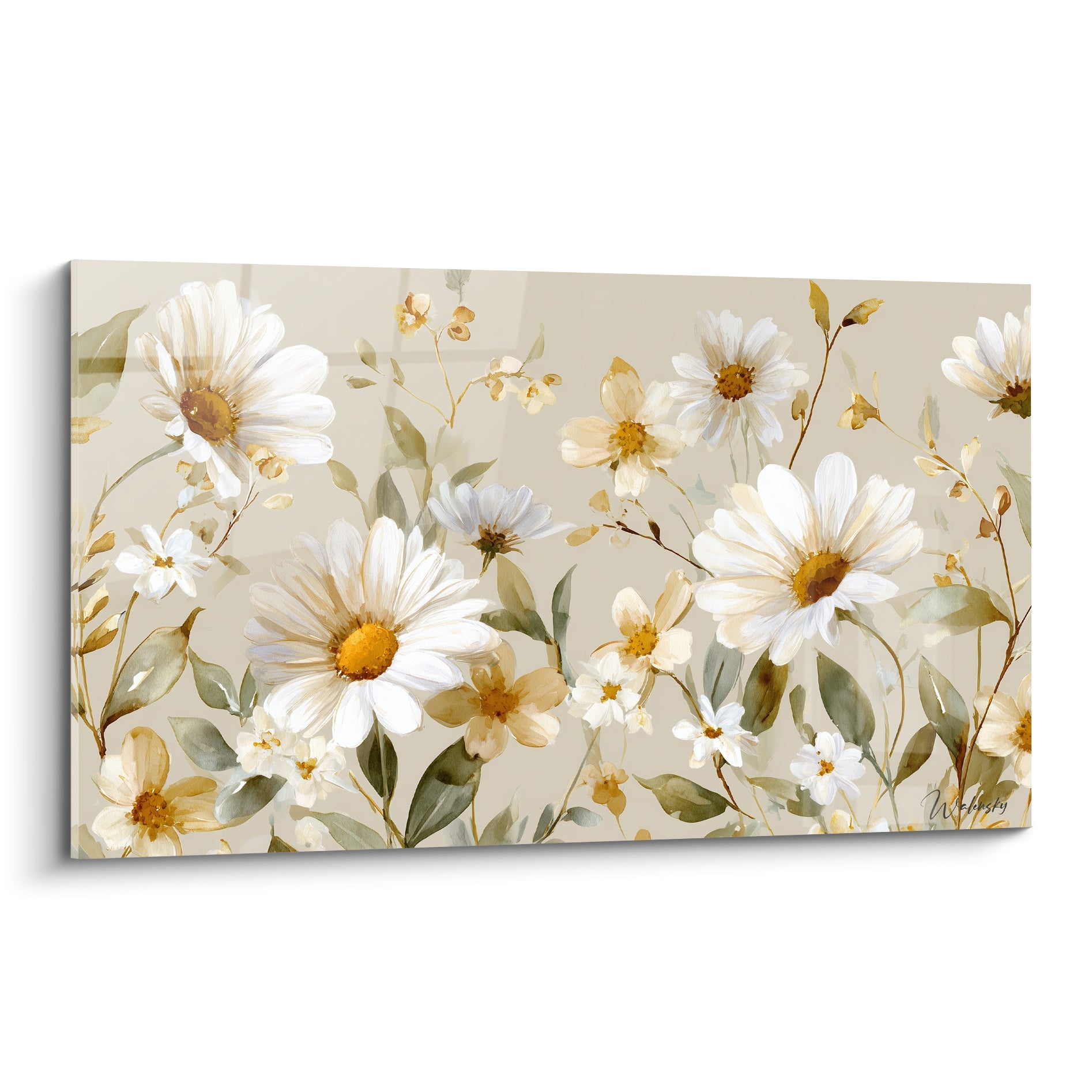 Marguerite blanche aux pétales larges et cœur doré, peinte en aquarelle sur fond beige sable