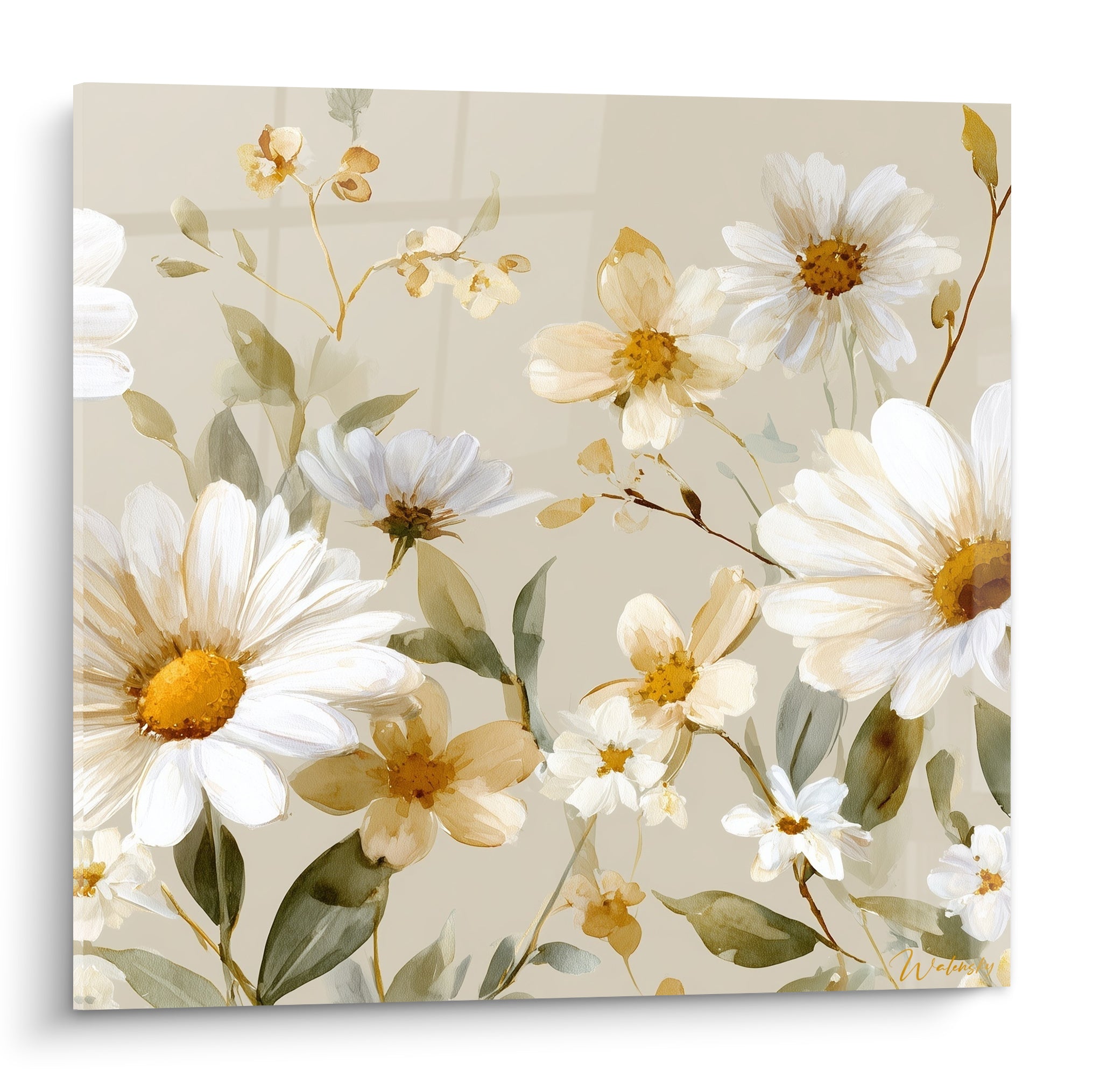 Marguerite blanche aux pétales larges et cœur doré sur fond beige, style aquarelle délicate