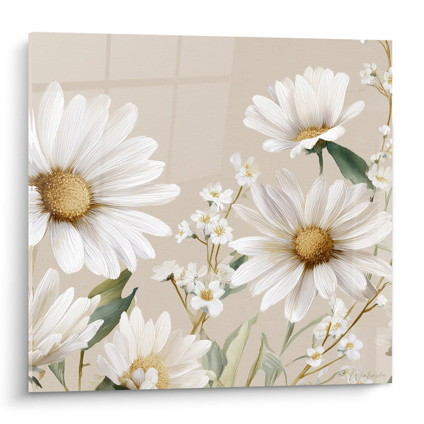 Quadri Margherita bianche e beige con piccoli fiori di gypsophila - Sfondo a quadretti beige - Edizione Marguerite