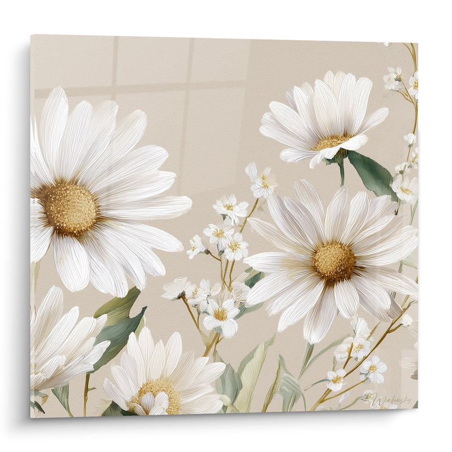 Tableau Marguerites blanches et beige à petites fleurs de gypsophile - Fond quadrillé beige - Edition Marguerite