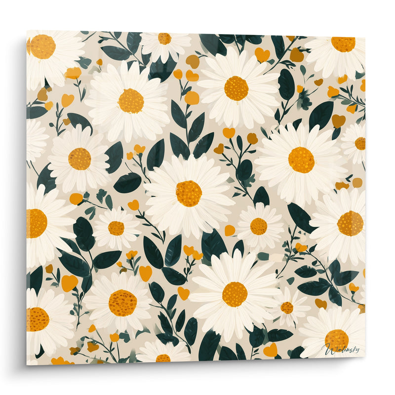 Tableau Marguerites blanches et vertes aux petits cœurs orangés épars - Feuillage vert sombre dense - Edition Marguerite