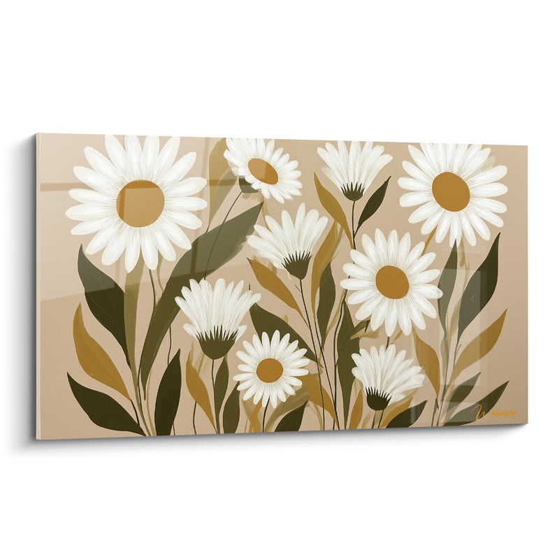 Tableau Marguerites blanches et ocre aux hautes tiges feuillues - Bouquet dressé serré - Edition Marguerite