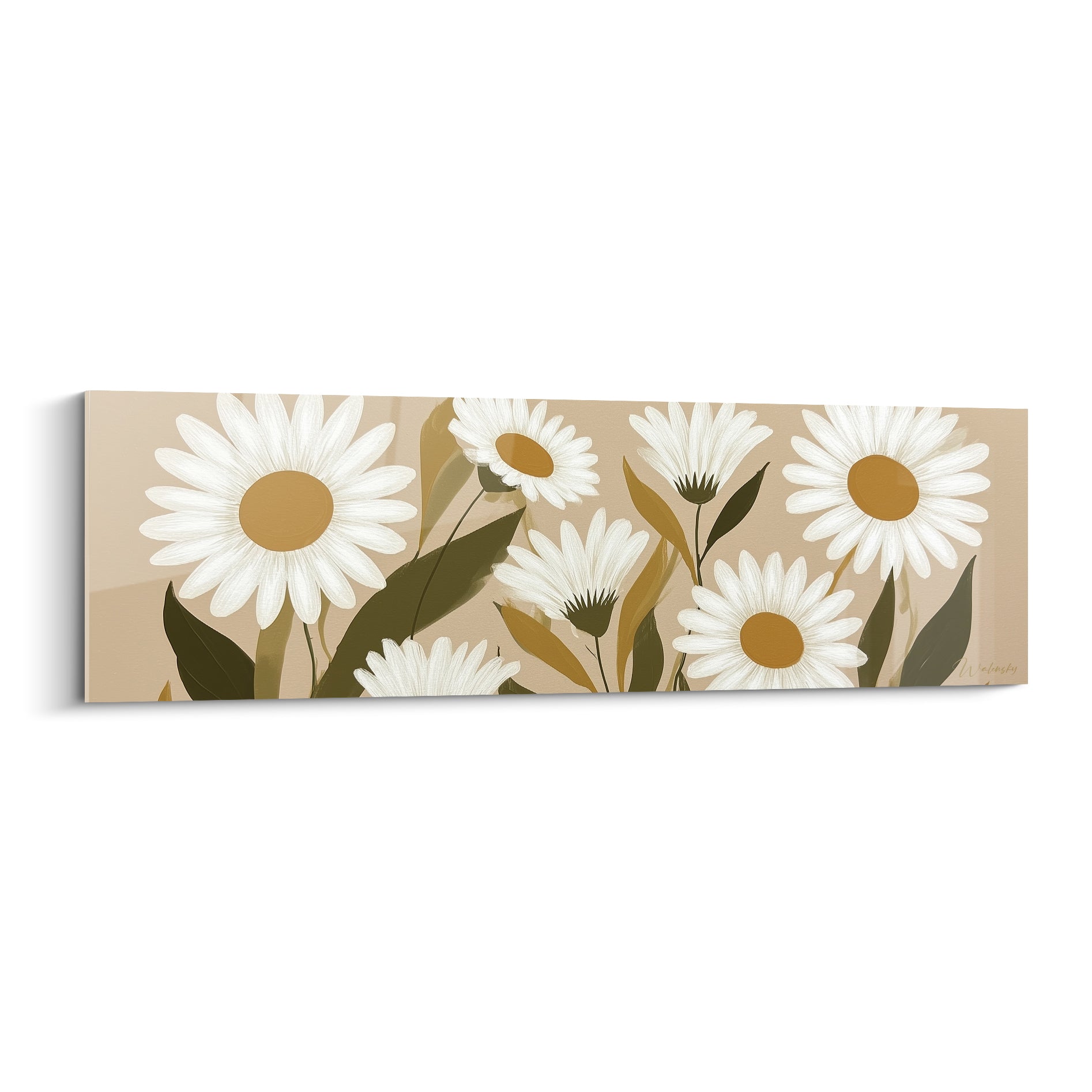 Marguerite blanche aux cœurs ocre déployée sur fond beige, style graphique et épuré