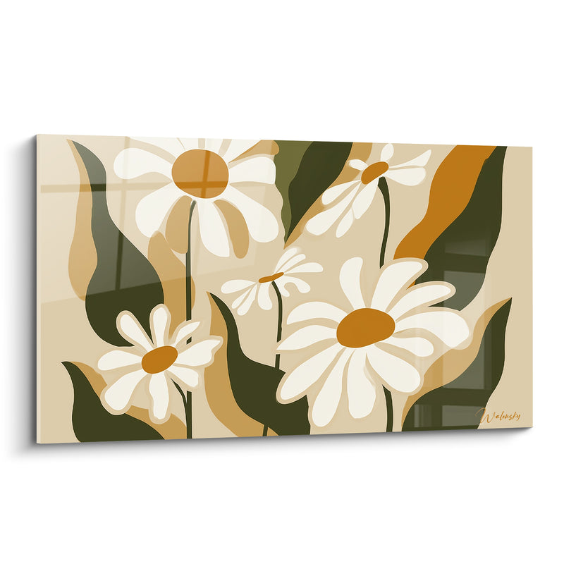 Tableau Marguerites blanches aux feuilles vert olive - Jardin stylisé - Edition Marguerite