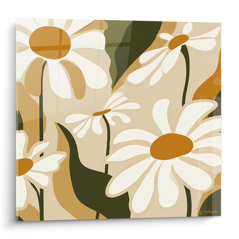 Tableau Marguerites blanches et ocre aux formes vectorielles - Silhouettes végétales sombres - Edition Marguerite
