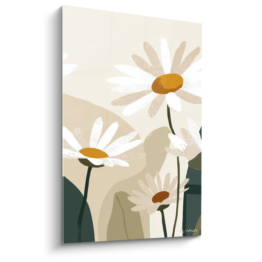 Tableau Marguerites blanches et vertes à silhouette beige ombrée - Profil végétal discret - Edition Marguerite
