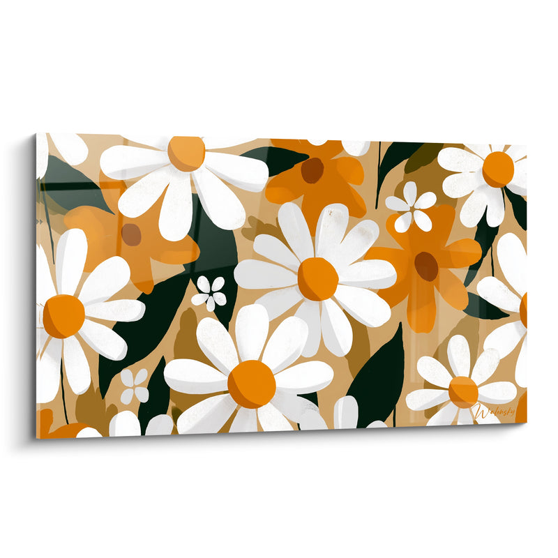 Tableau Marguerites blanches et orange à silhouettes superposées - Feuilles vert sombre - Edition Marguerite