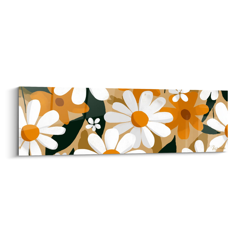 Tableau Marguerites blanches et orange sur feuillage sombre - Petites fleurs étoilées - Edition Marguerite