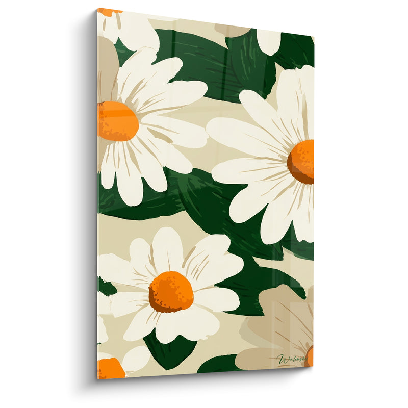 Tableau Marguerites blanches et vertes aux cœurs orange vif - Feuilles larges superposées - Edition Marguerite