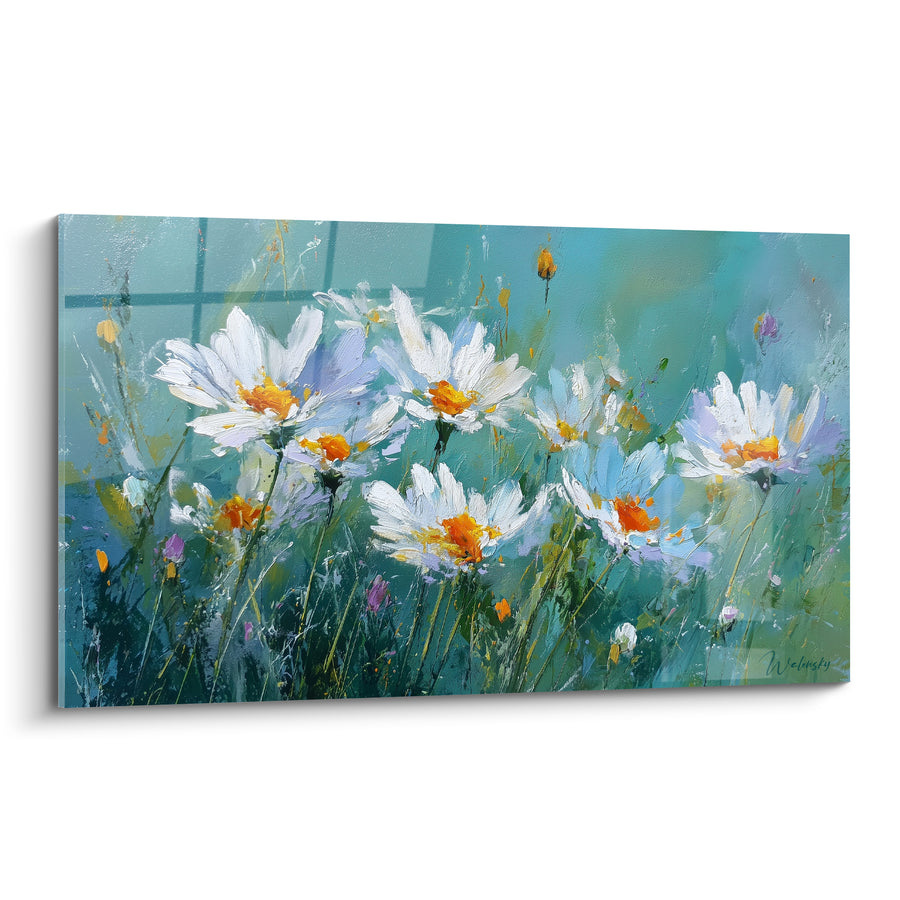 Tableau Marguerites blanches et turquoise aux herbes fines dressées - Reflets de vitrage - Edition Marguerite