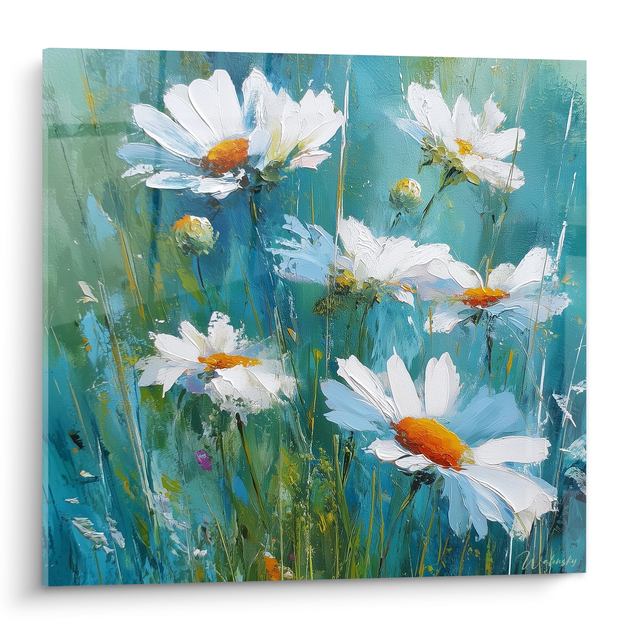Marguerites blanches aux cœurs orangés peintes en empâtements sur fond bleu turquoise et vert sauge