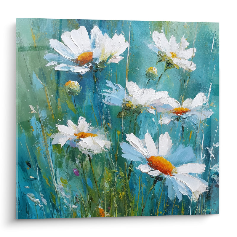Tableau Marguerites blanches et turquoise aux boutons fermés épars - Tiges d'herbes fines - Edition Marguerite