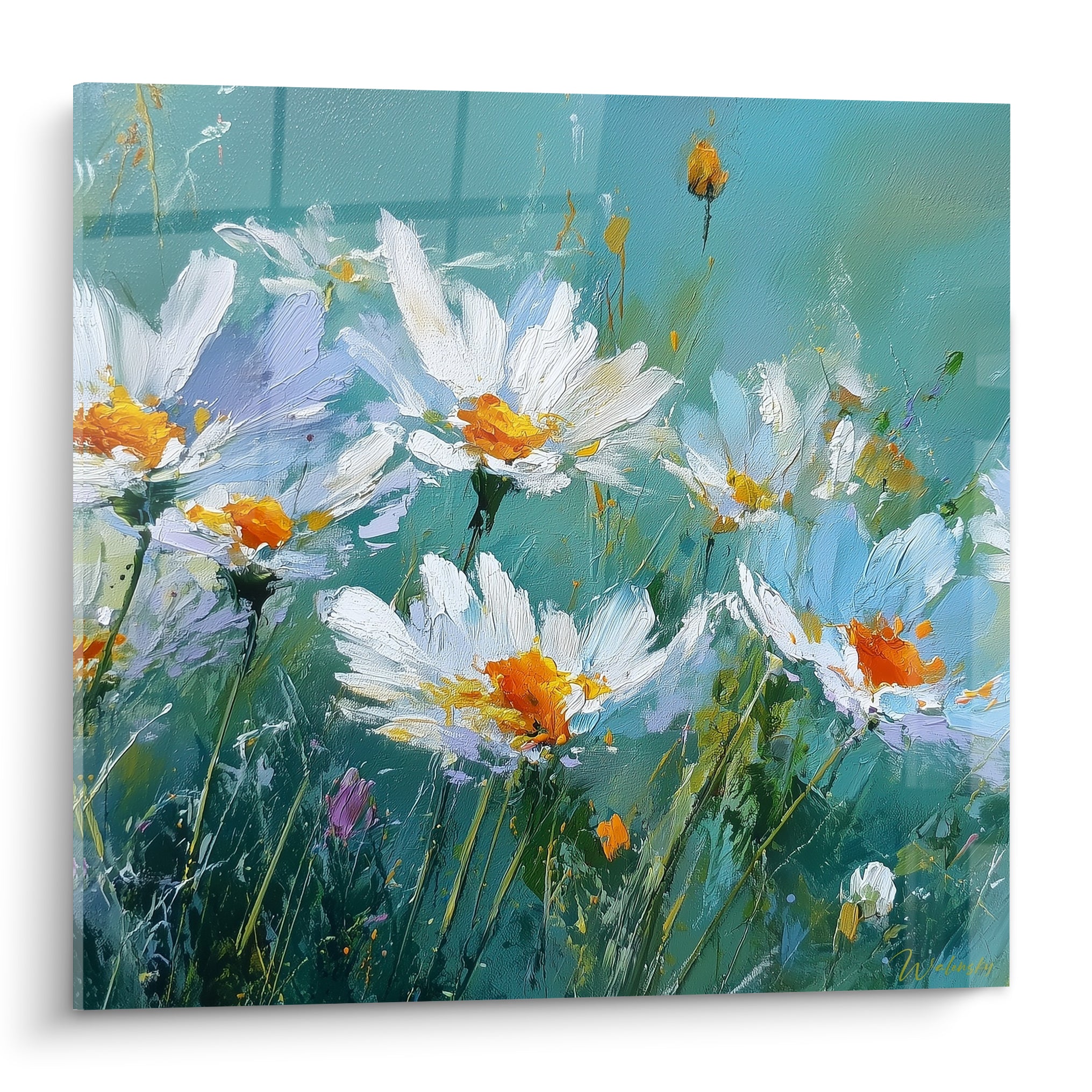 Marguerites blanches aux cœurs orange vif sur fond turquoise, empâtements épais au couteau