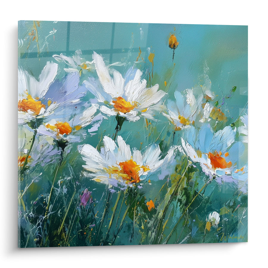Tableau Marguerites blanches au fond turquoise - Fraîcheur champêtre - Edition Marguerite