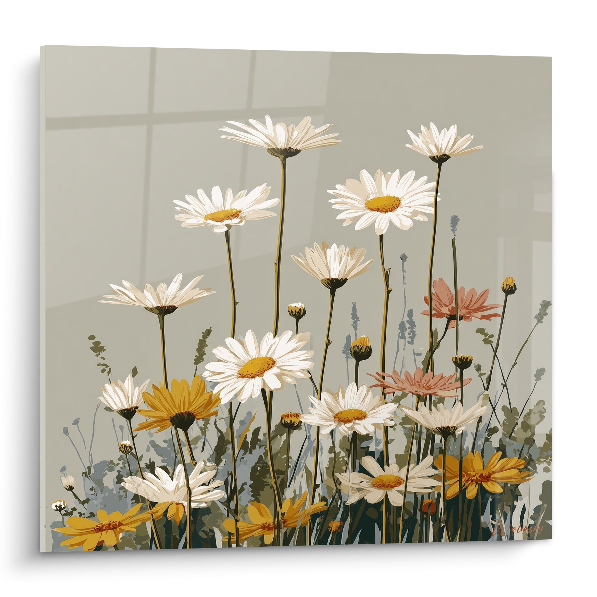 Marguerites blanches et dorées aux tiges fines sur fond gris tourterelle graphique
