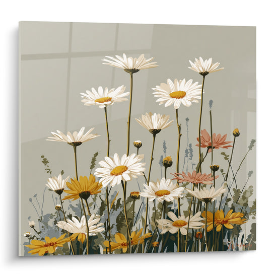 Marguerites blanches et dorées aux tiges fines sur fond gris tourterelle graphique