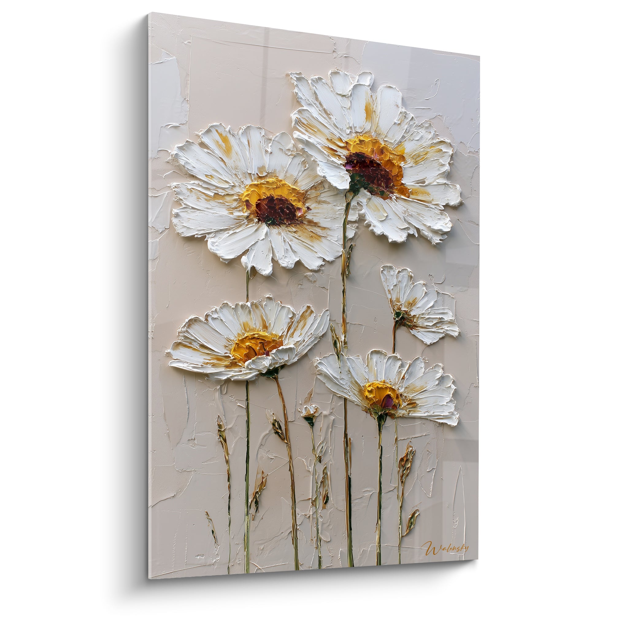 Marguerites blanches aux cœurs dorés et bordeaux, composition en relief texturé sur fond beige