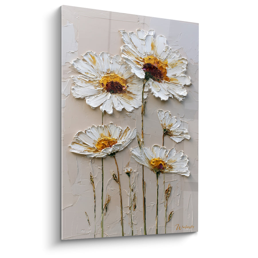 Tableau Marguerites blanches et dorées aux cœurs pourpres - Tiges fines dressées - Edition Marguerite