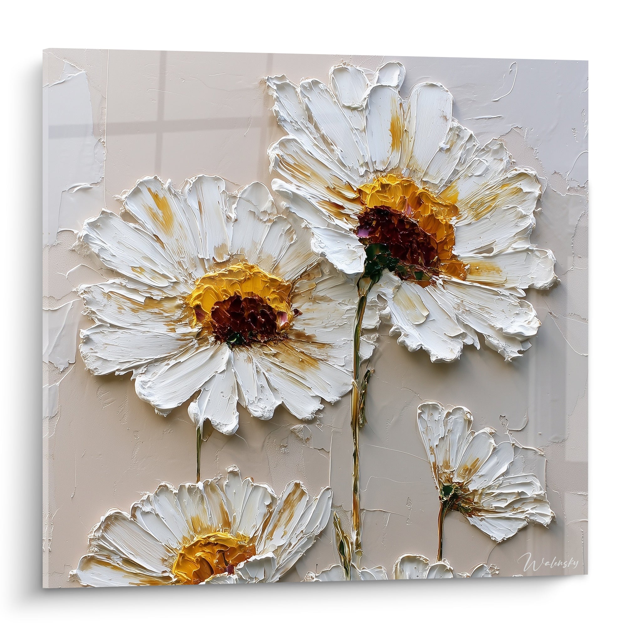 Marguerites blanches aux cœurs dorés et bruns peintes en relief épais sur fond beige texturé