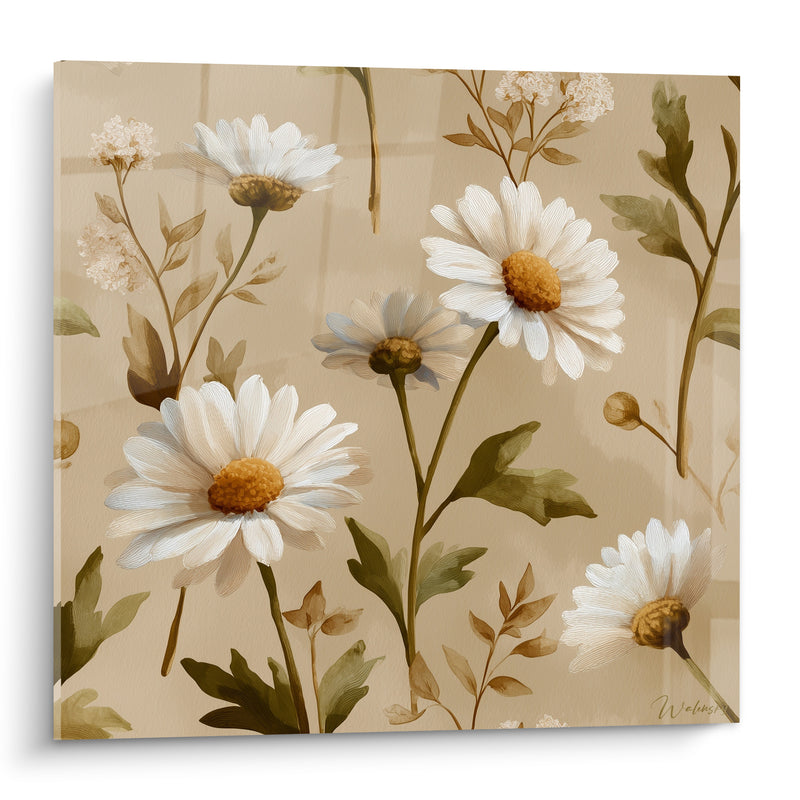 Tableau Marguerites blanches et brunes aux petites fleurs satellites - Illustration botanique beige - Edition Marguerite