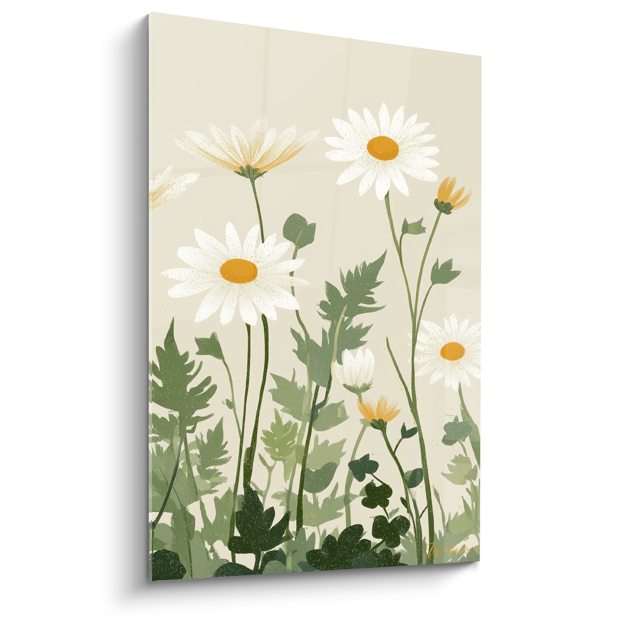 Marguerites blanches aux cœurs orangés se dressent sur fond beige, feuillage vert sauge en bas du tableau