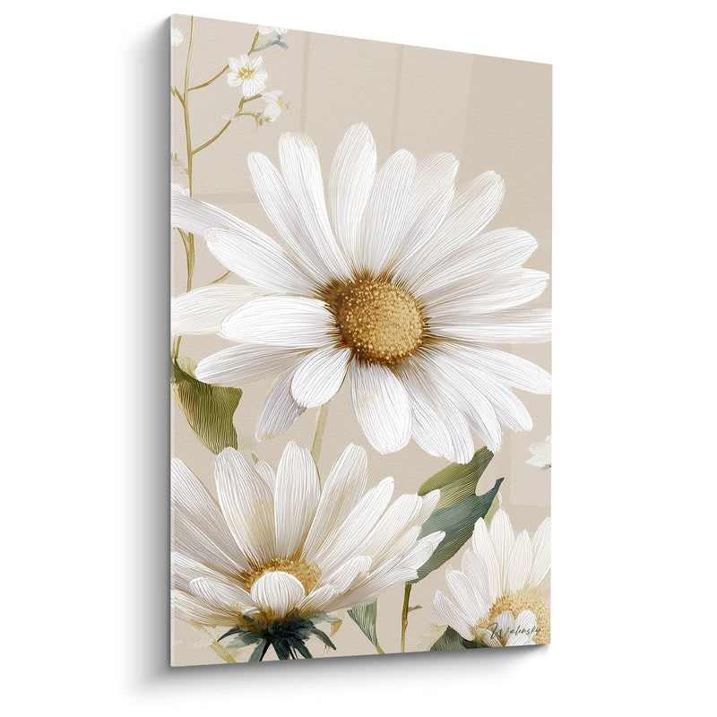 Tableau Marguerites blanches et dorées aux pétales finement striés - Petites fleurs satellites - Edition Marguerite