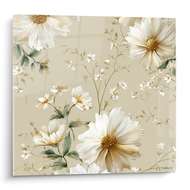 Tableau Marguerites blanches et beige aux fleurs sauvages éparses - Petites fleurs des champs - Edition Marguerite