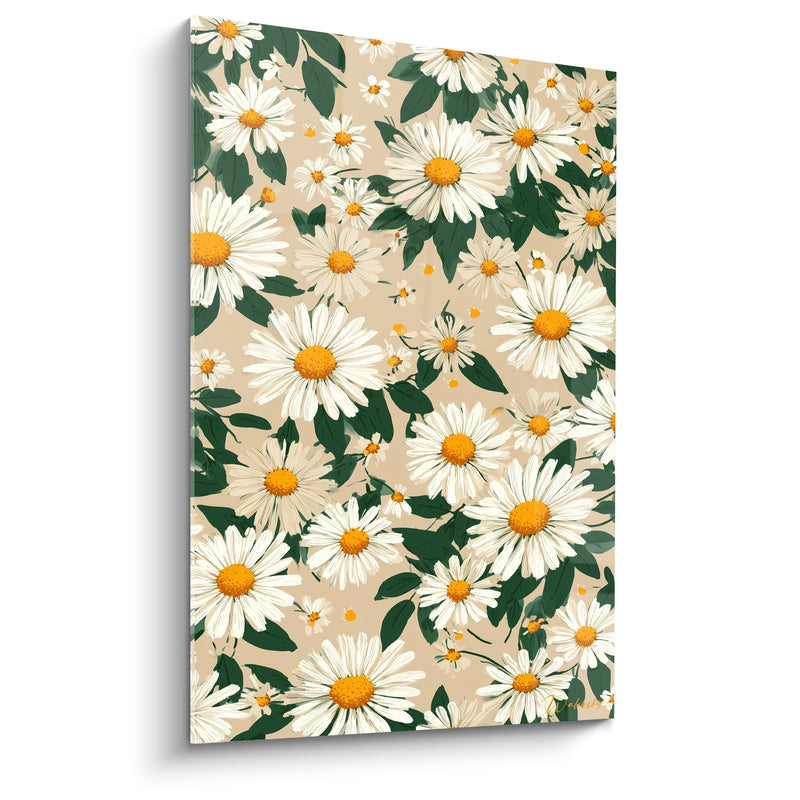 Tableau Marguerites blanches et vertes aux petites gouttes dorées éparses - Motif floral dense - Edition Marguerite