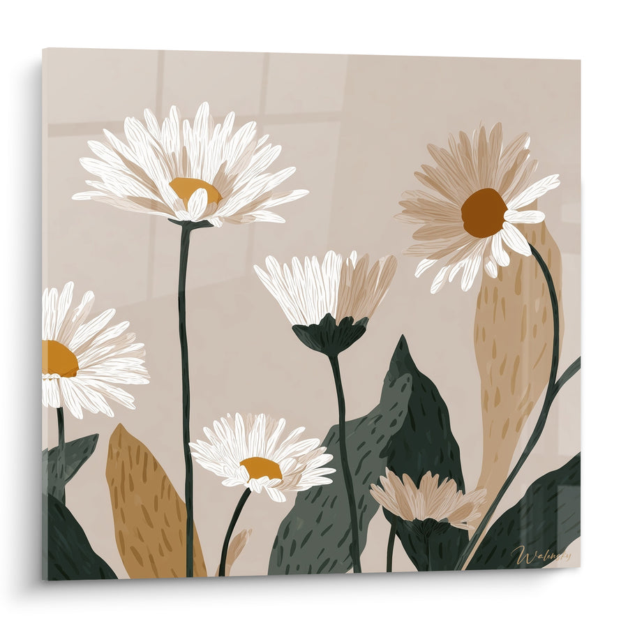 Tableau Marguerites blanches et brunes aux feuilles tachetées - Tiges vert sombre - Edition Marguerite