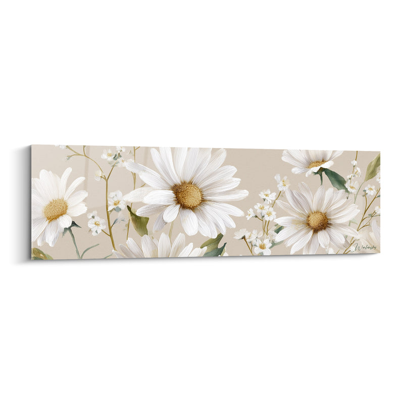 Tableau Marguerites blanches et beige aux petites fleurs de gypsophile éparpillées - Tiges dorées entrelacées - Edition Marguerite