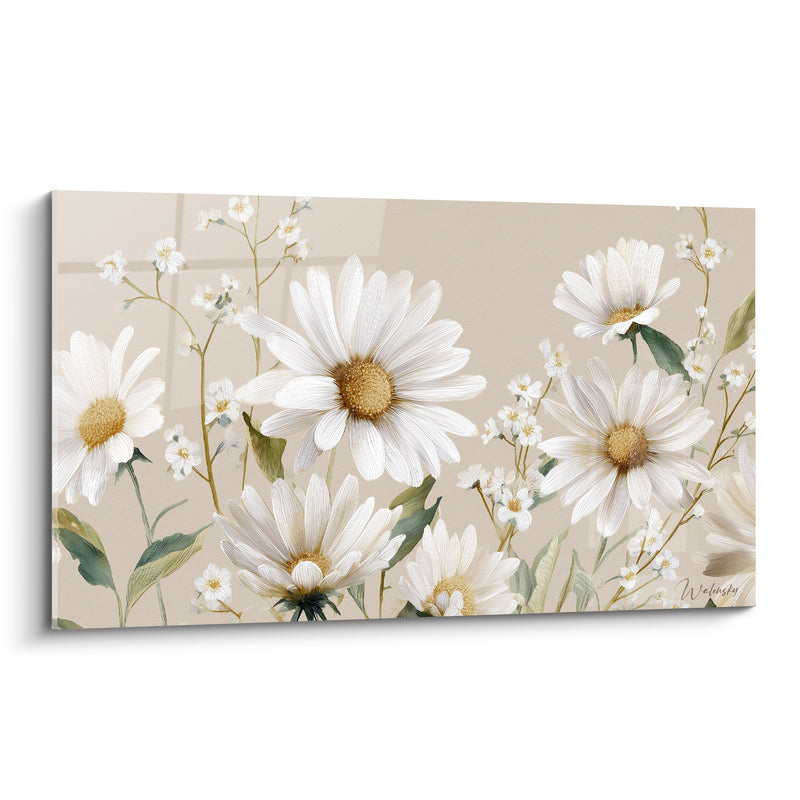 Tableau Marguerites blanches et beige aux fleurettes de gypsophile éparpillées - Feuilles vert olive - Edition Marguerite
