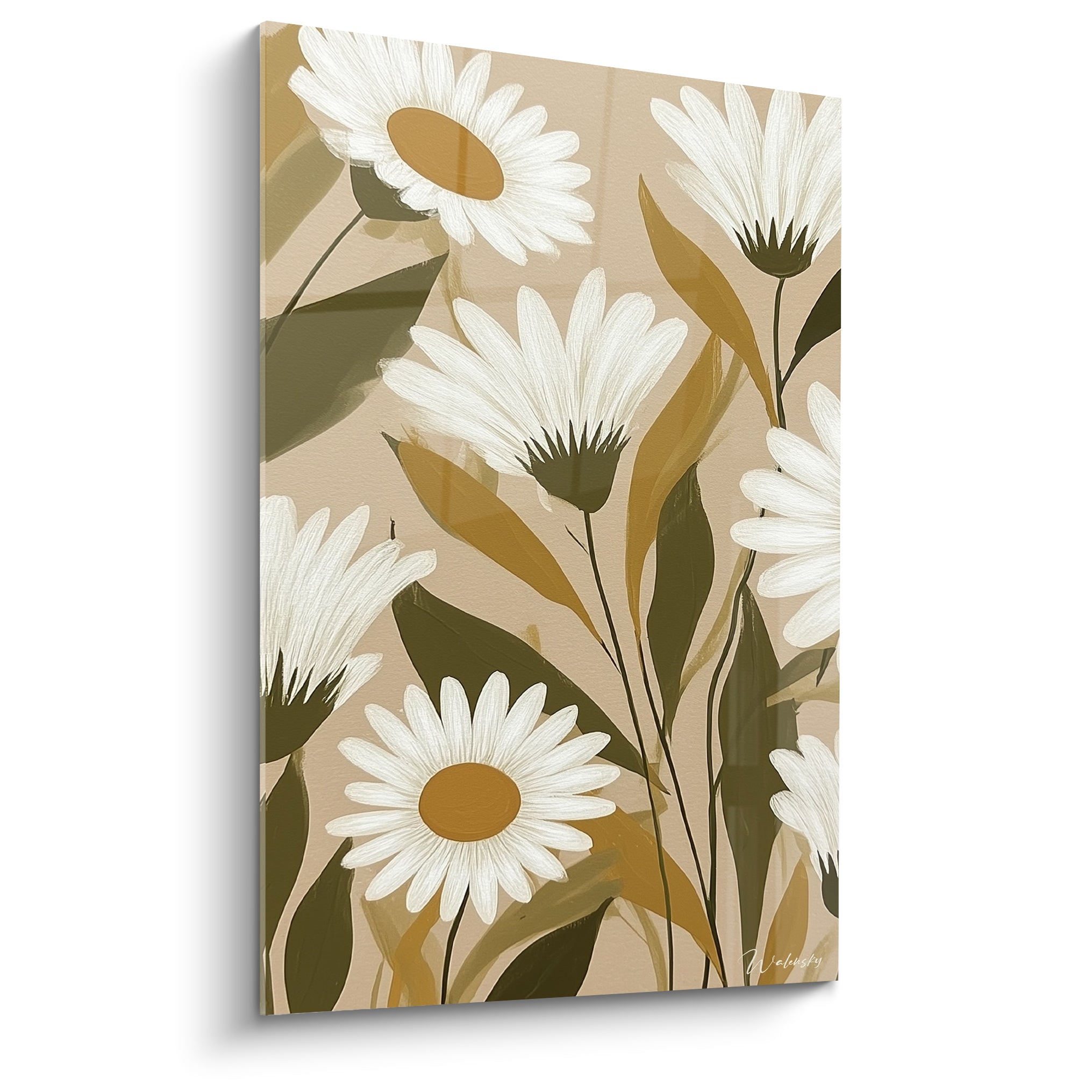 Marguerites blanches aux cœurs ocre déployées sur fond beige sablé, style illustratif