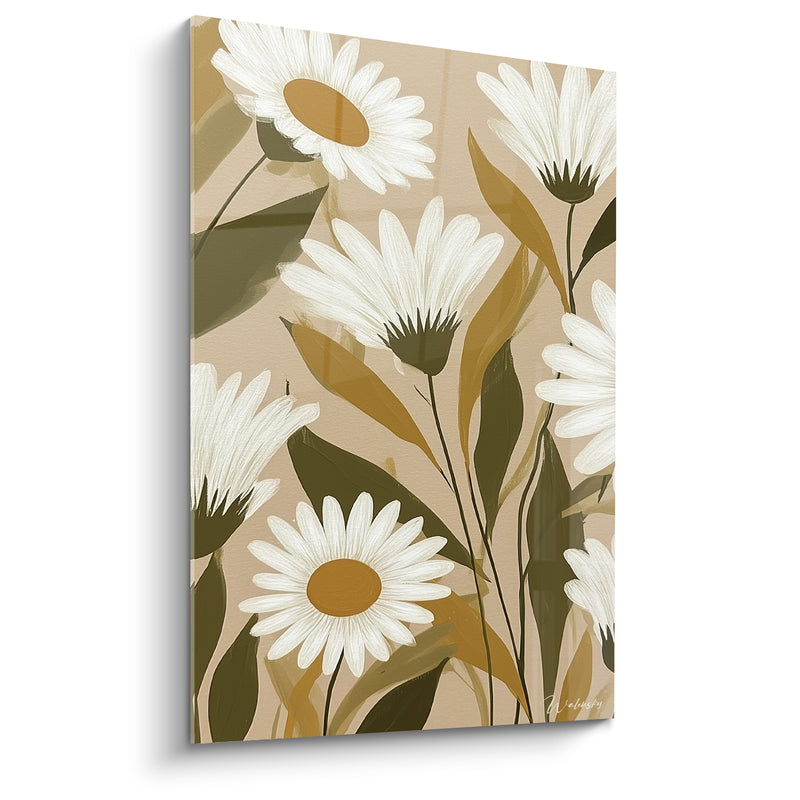 Tableau Marguerites blanches et feuillage kaki ocre - Jardin d'été - Edition Marguerite