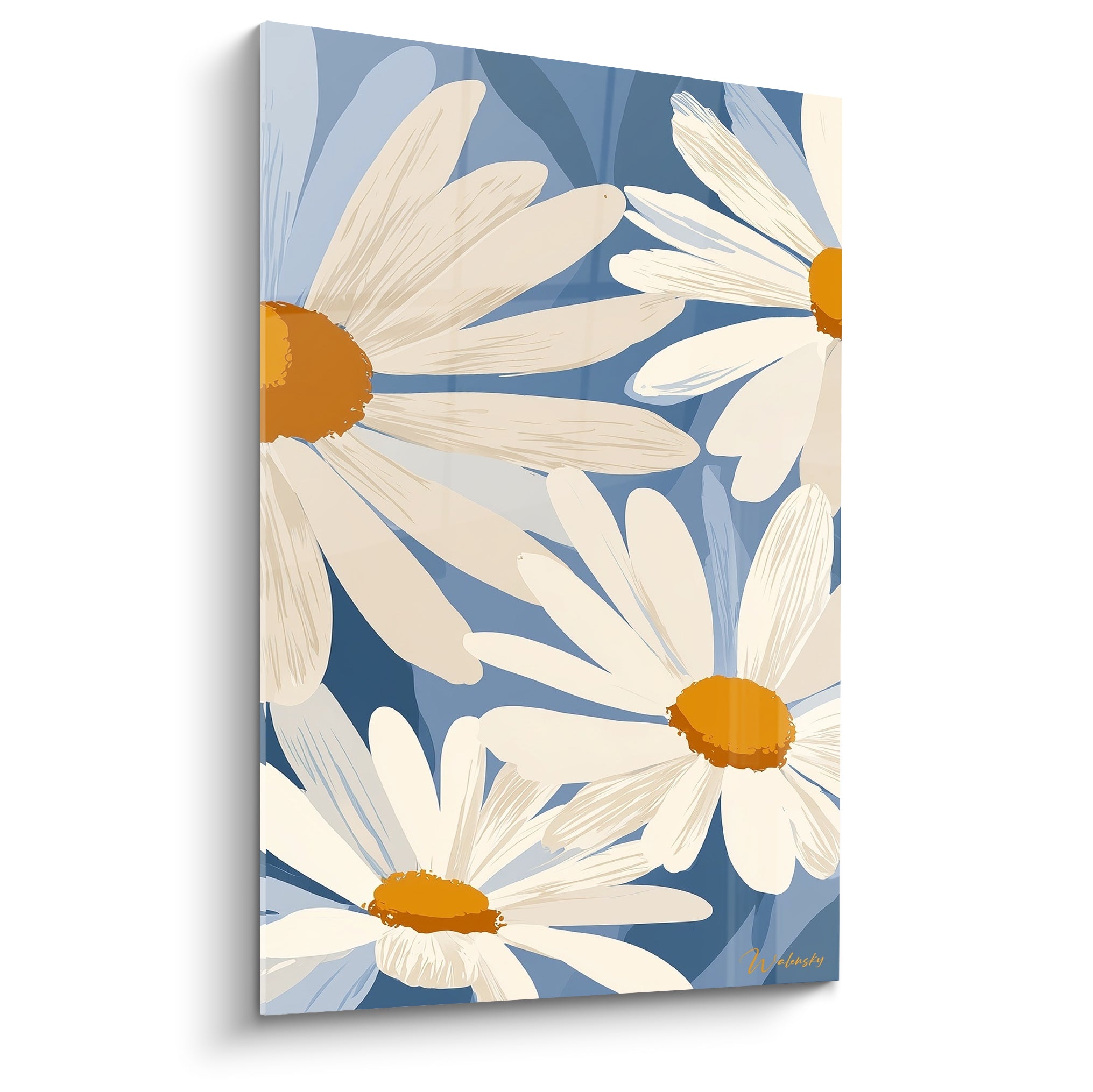 Marguerites blanches aux cœurs orangé safran sur fond bleu ardoise, style illustré graphique
