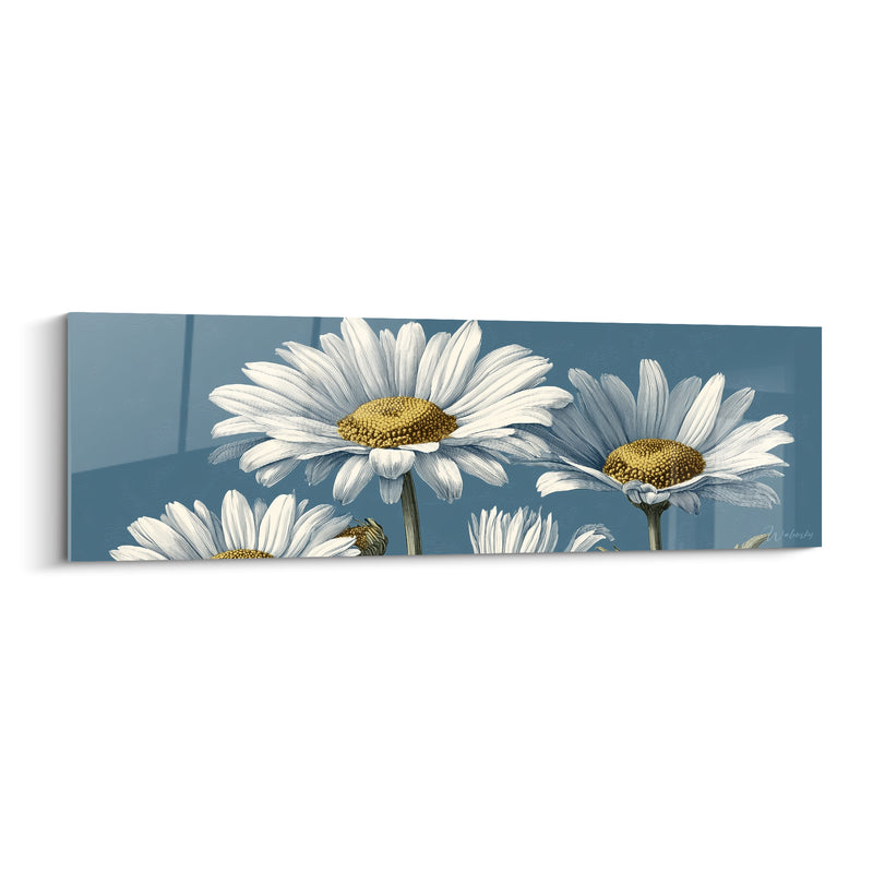 Tableau Marguerites blanches et bleu ardoise aux tiges fines - Cœurs jaune moutarde - Edition Marguerite