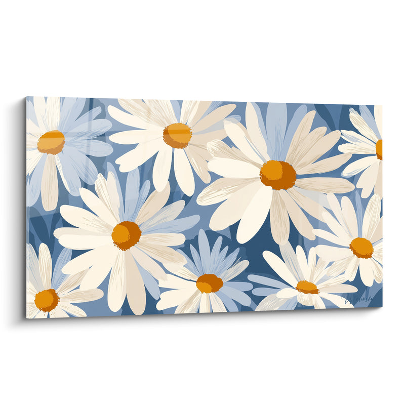 Tableau Marguerites blanches et bleu ardoise aux cœurs ambrés - Silhouettes en ombre portée - Edition Marguerite